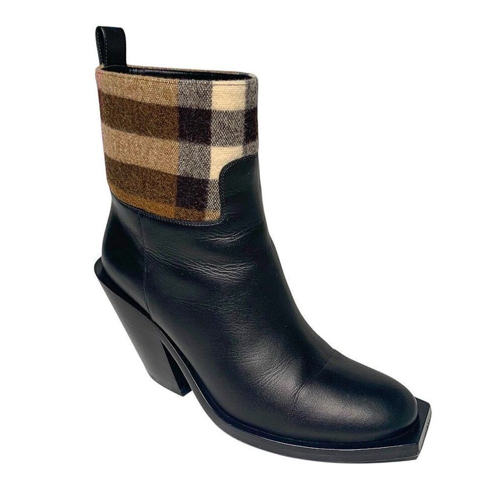 Burberry Danielle Low Calf Nova Check Heeled Boot EU 38 Leather and Wool Pull On